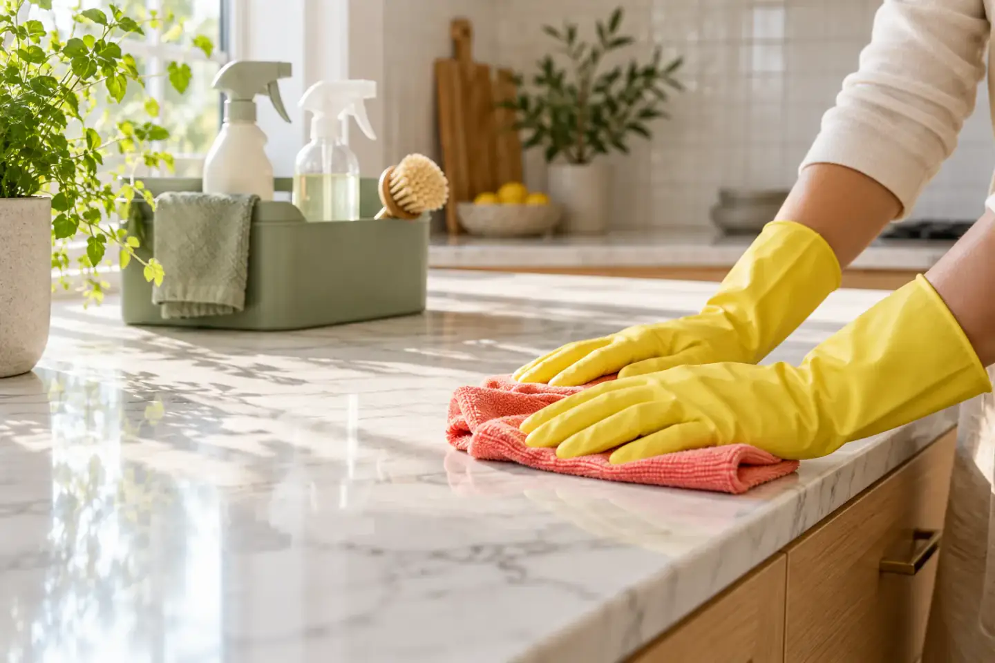 Careful hands bringing a little extra sparkle to a kitchen counter