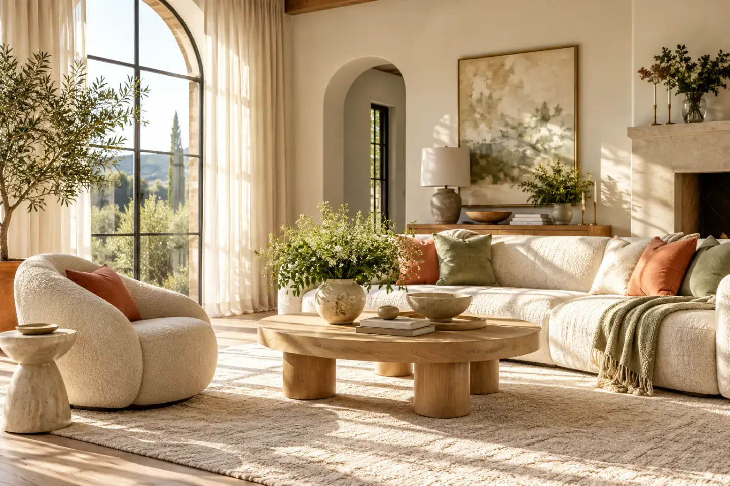 A calm, sunlit living room with a cream sofa, fresh greenery, and room to unwind
