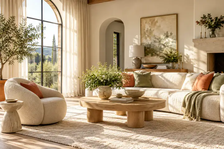 A freshly cleaned living room with a cream sofa and warm morning light
